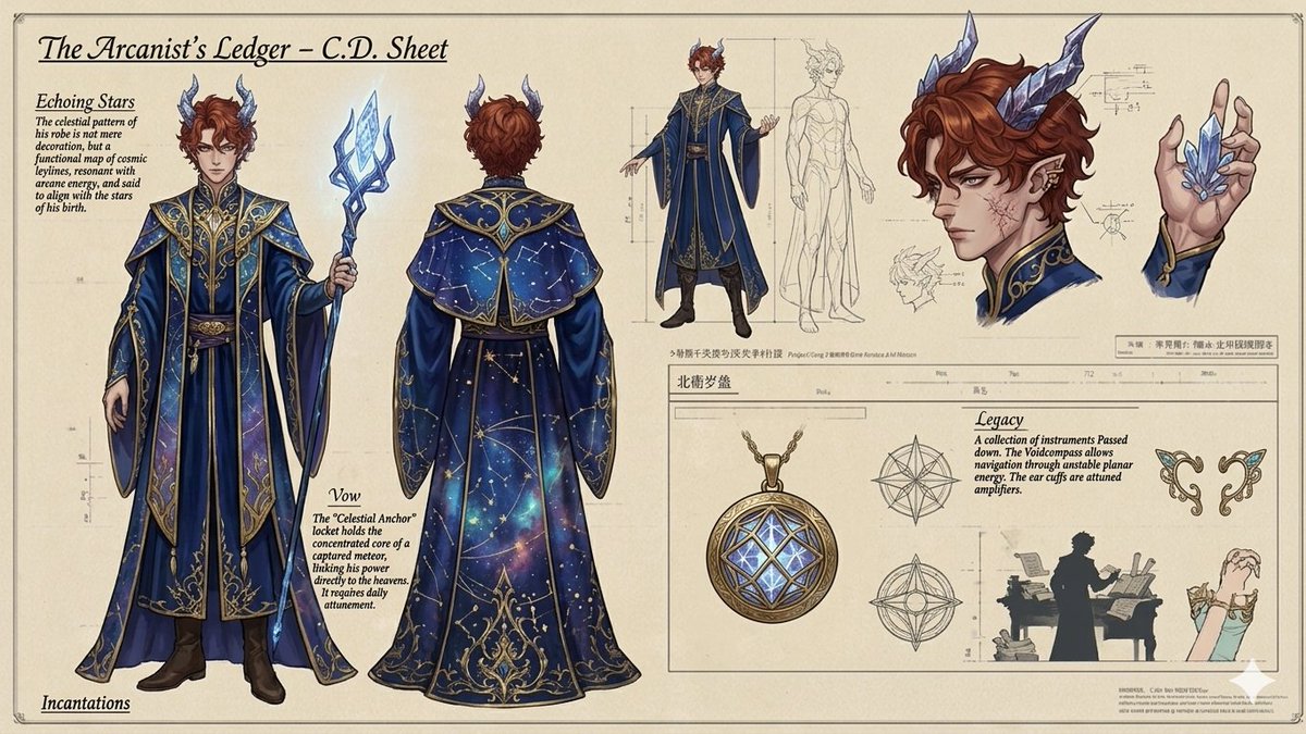 A detailed character design sheet for a male mage titled "The Arcanist's Ledger." The character has {argument name="hai…