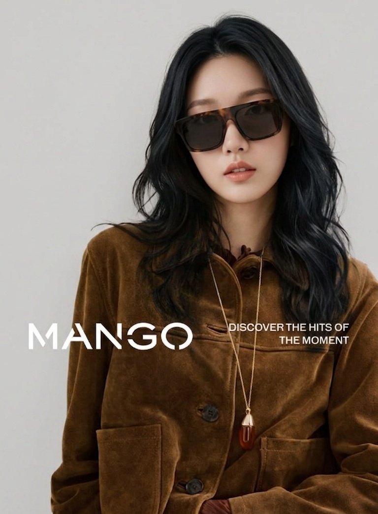 High-end fashion editorial photography, portrait of a young East Asian woman with long wavy dark hair wearing oversized…