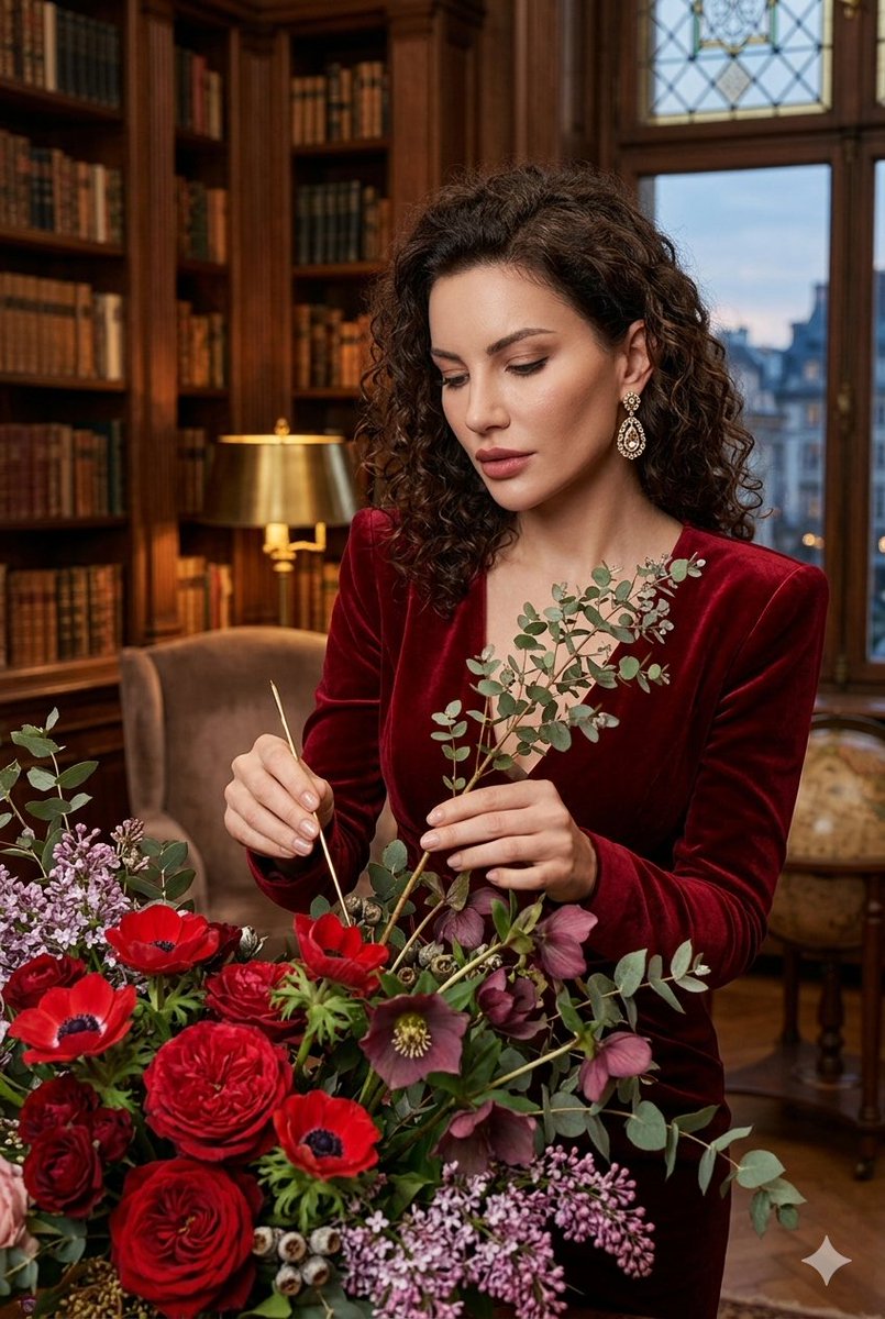 A curly-haired woman in a {argument name="dress material" default="deep red velvet"} dress meticulously crafts a lush b…