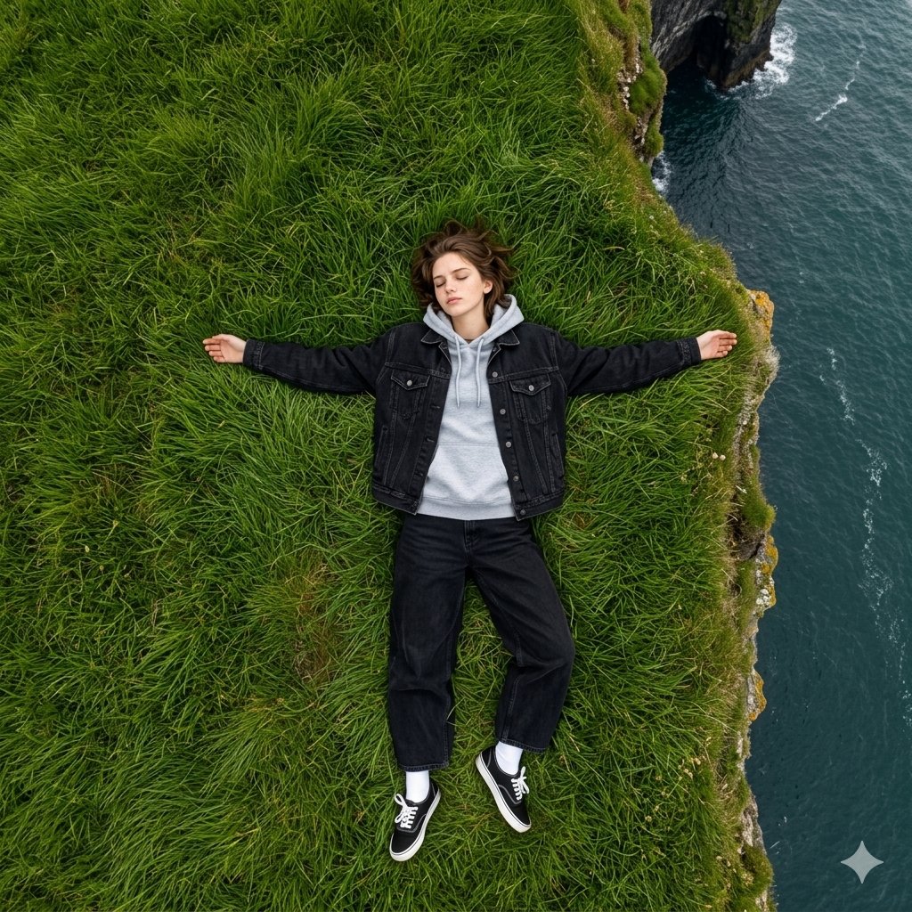 Make a photo of a young man showing a dramatic composition of natural scenery from an aerial point of view (bird’s eye …
