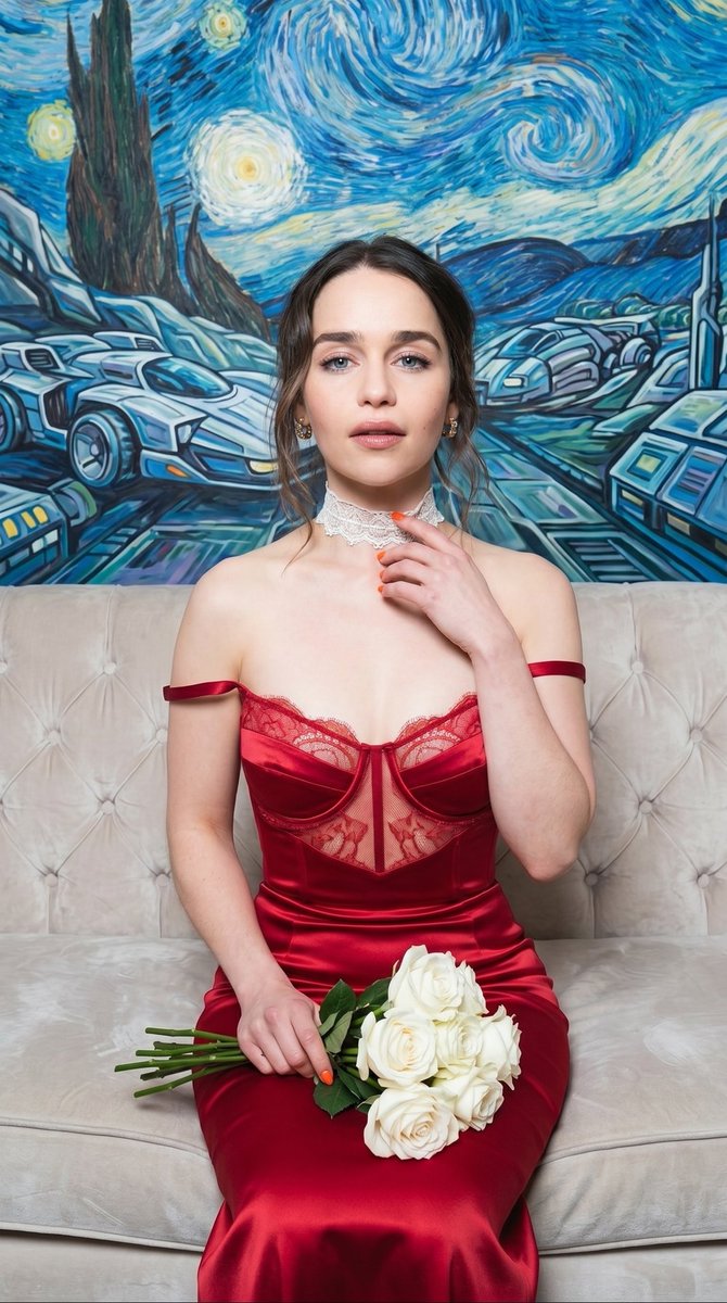 {argument name="subject" default="Emilia clarke"} poses on a light-colored couch. Her expression is direct and alluring…