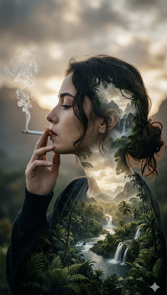 A cinematic, double-exposure portrait of a {argument name="subject" default="young woman in profile"}, smoking a cigare…
