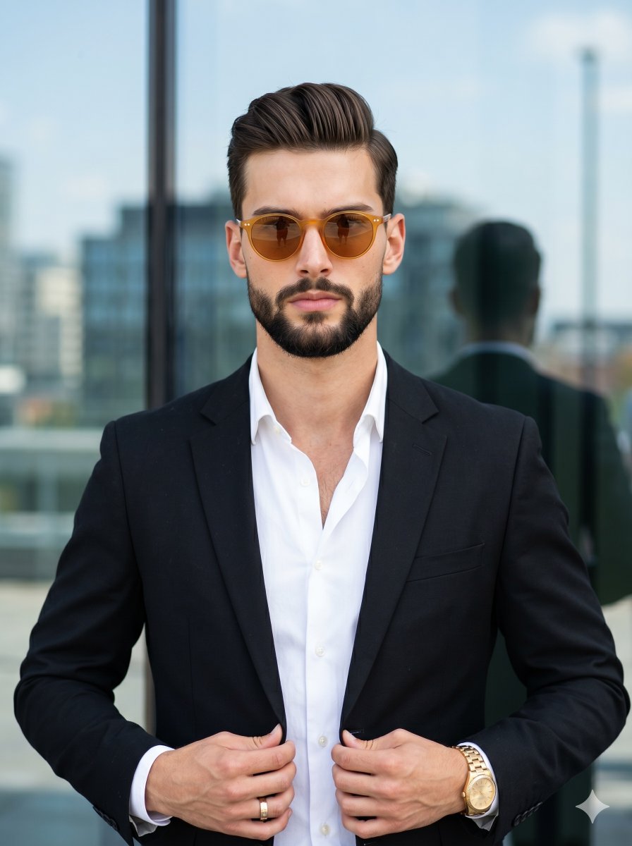 A {argument name="subject" default="stylishly dressed, bearded man"} stands perfectly centered, facing straight into th…