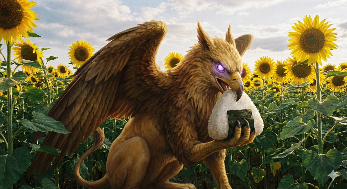 a {argument name="creature" default="rice ball gryphon"} is in the {argument name="setting" default="sunflower field"}