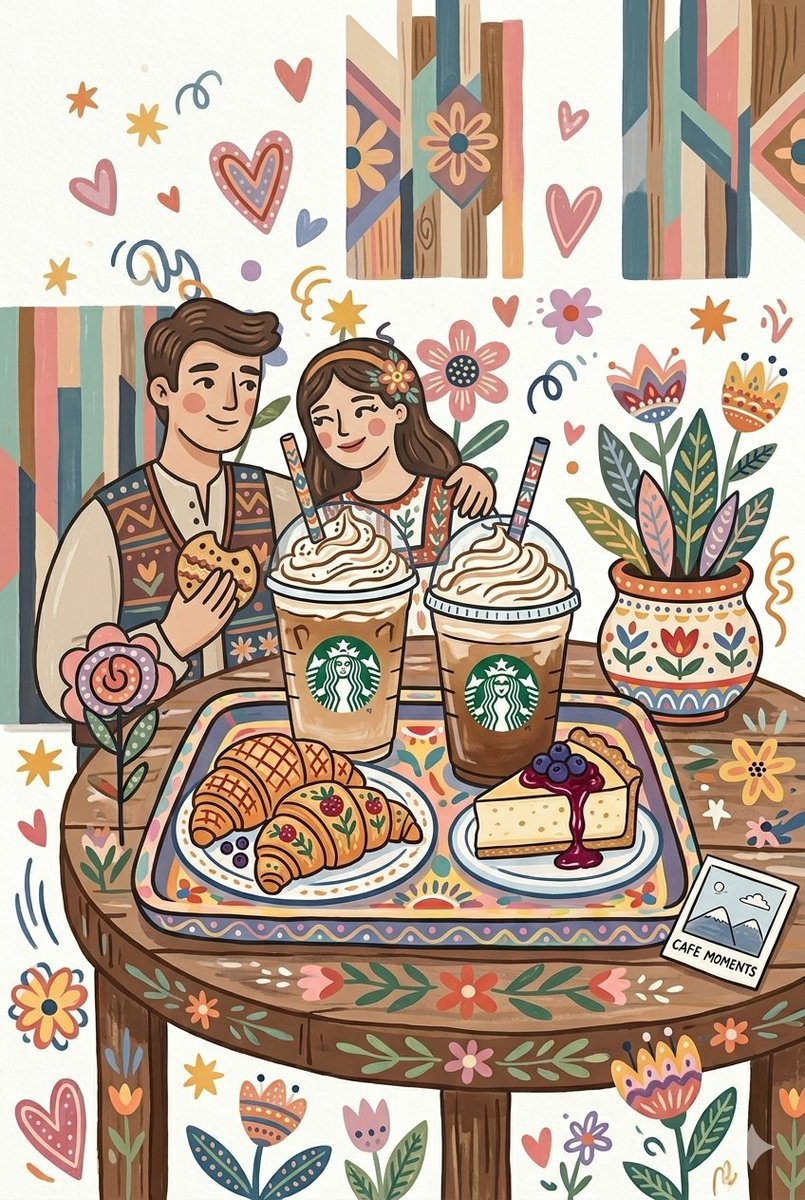 A whimsical, folk-art-inspired illustration of a cozy cafe date featuring a young couple sharing a tray of treats. The …