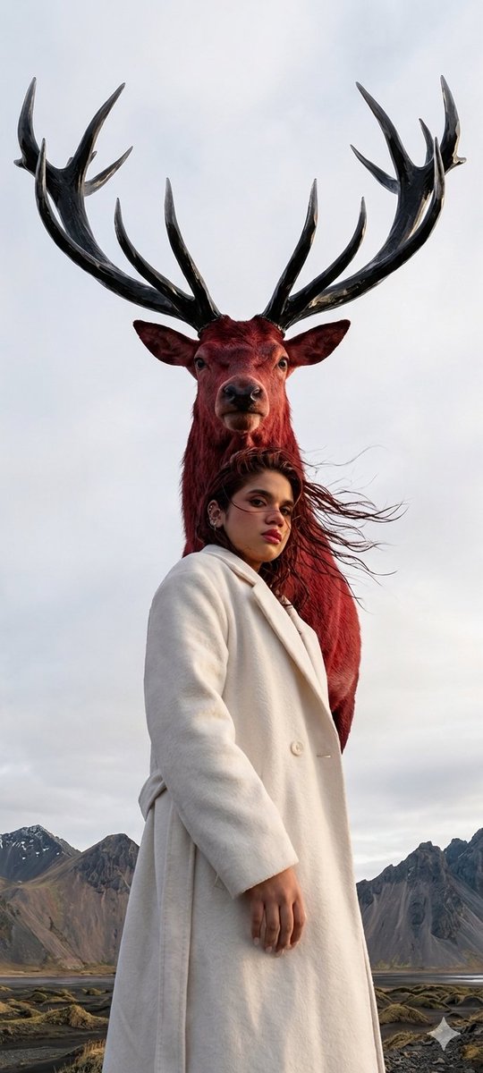 Majestic landscape fashion photoshoot in the mountains. Shot from an extremely low angle (worm’s-eye view). A stunning …