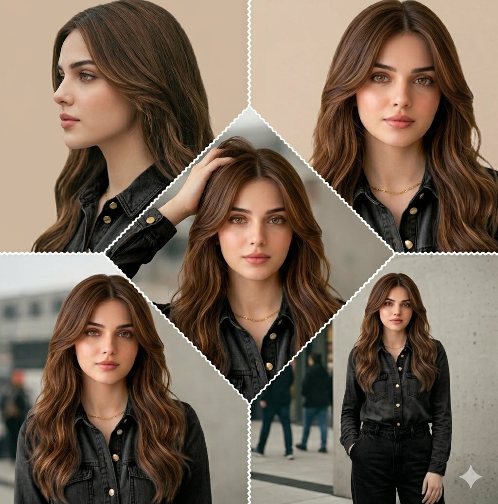 A cinematic border-less collage featuring the same model in multiple expressive portraits. {argument name="lighting" de…