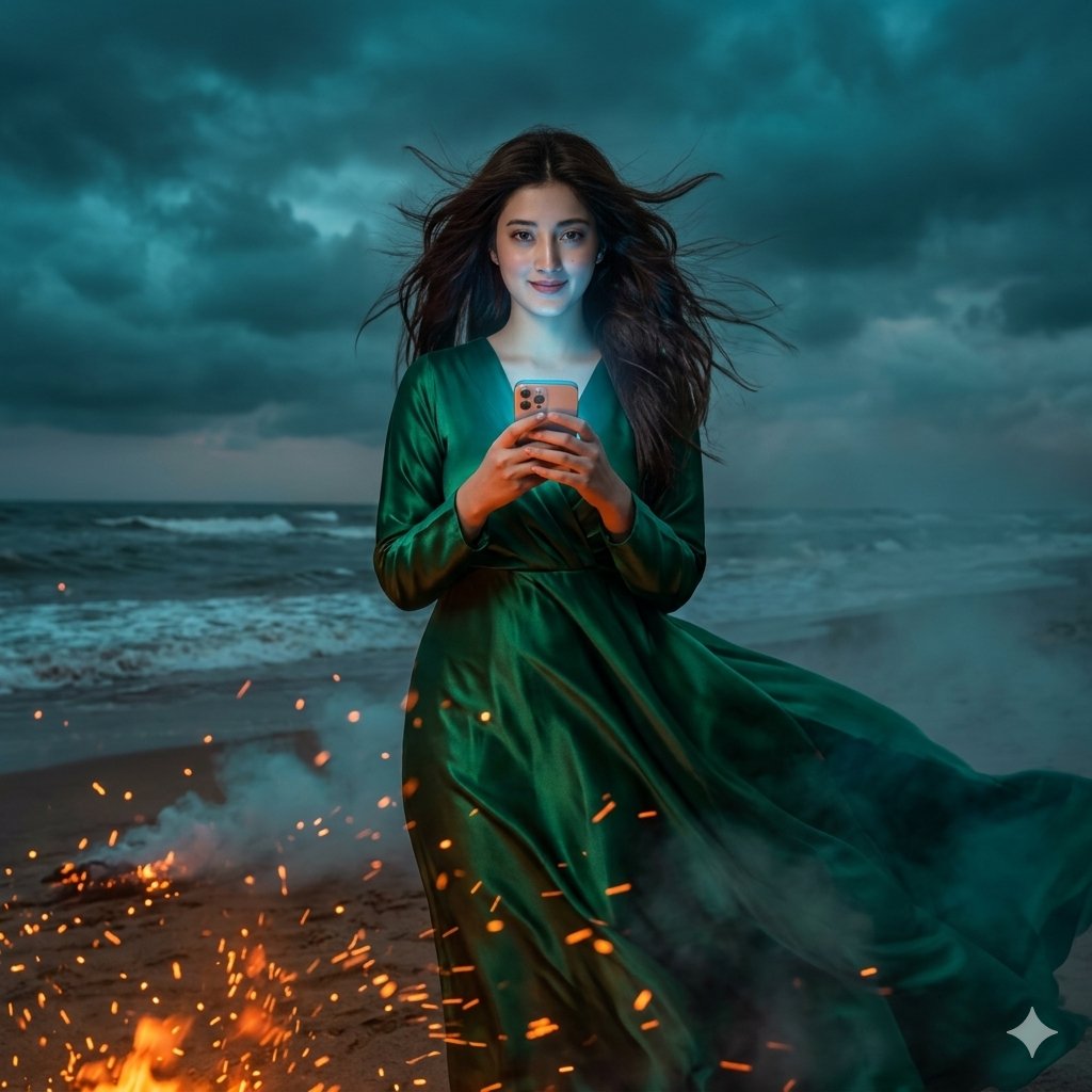 Surreal cinematic portrait of a mysterious young woman using the uploaded face reference, facing the camera on a stormy…