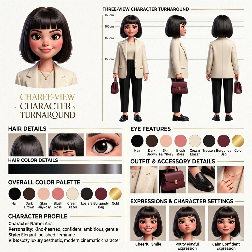 { "project": "professional 3D female character design sheet infographic", "style": { "aesthetic": ["elegant", "cinemati…