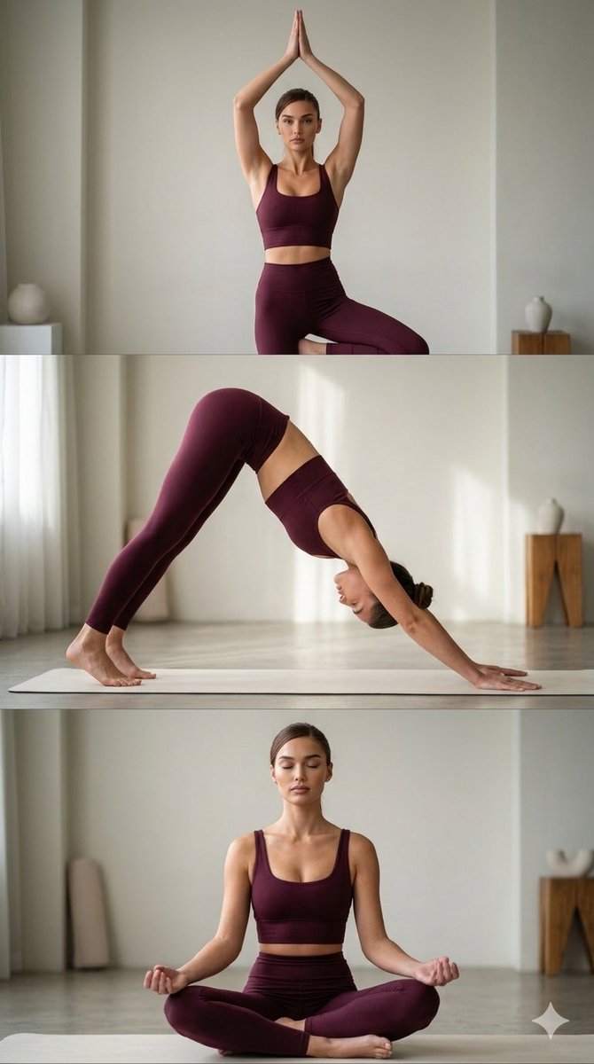 A cinematic three-panel vertical collage featuring a {argument name="subject" default="fit young woman"} performing thr…