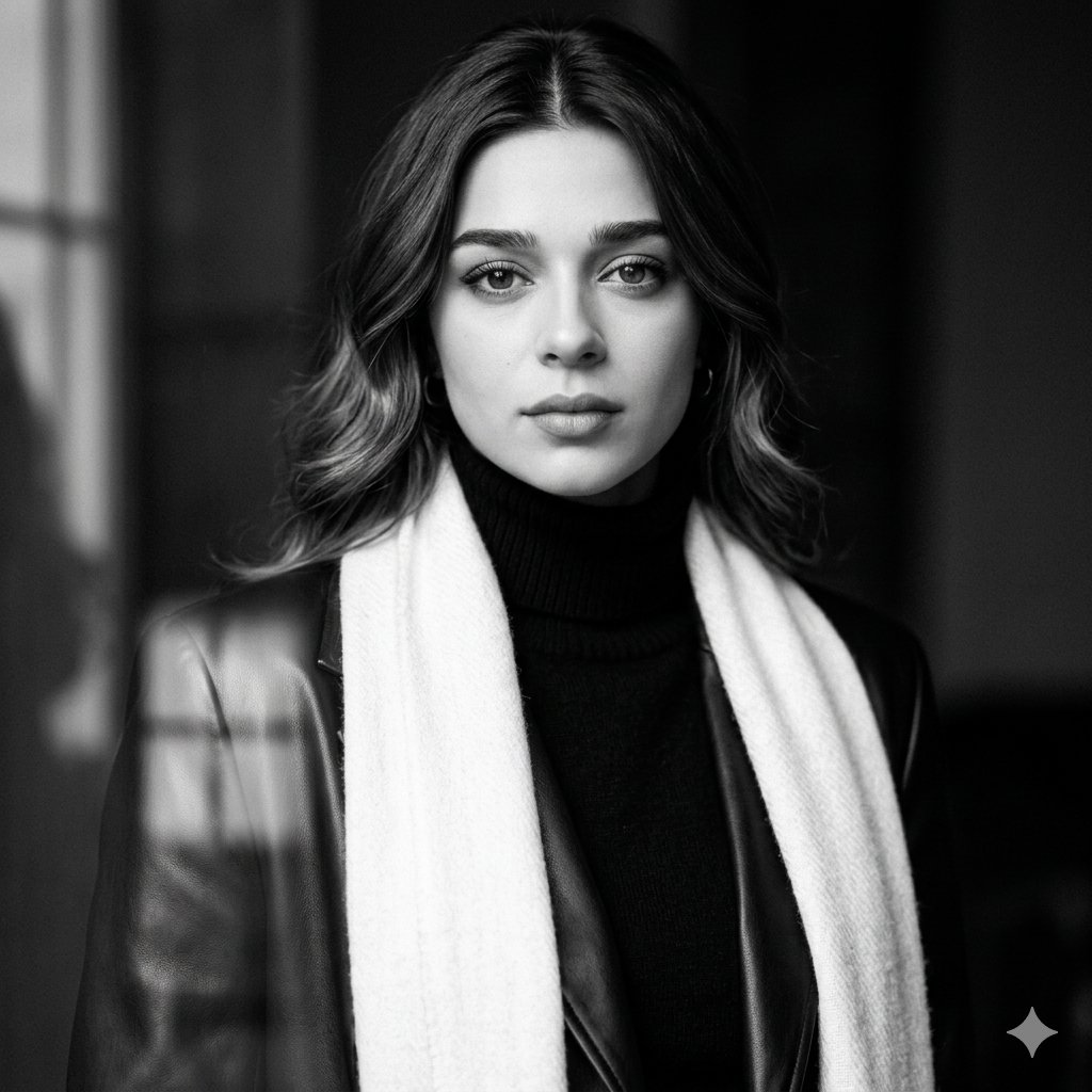 Convert the woman in the reference image into a {argument name="style" default="high-contrast, black-and-white, Vogue-s…