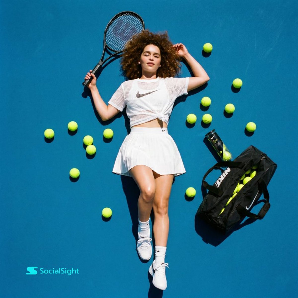 Ultra-realistic top-down flat lay fashion sports photography of a young woman with {argument name="hair style" default=…