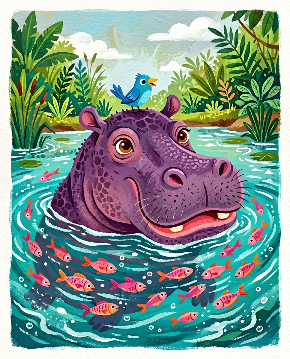 A whimsical illustration features a {argument name="subject" default="large, purple hippopotamus"} partially submerged …