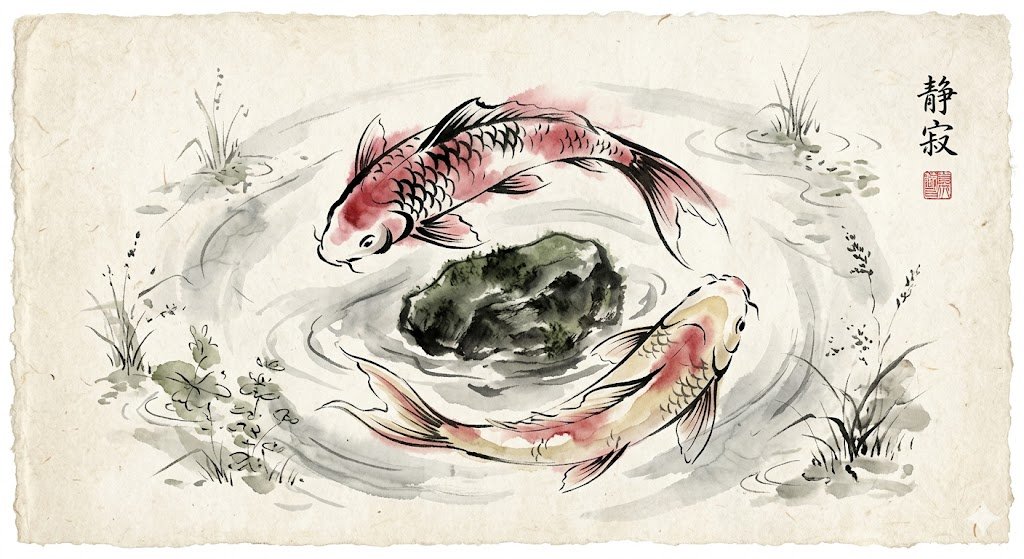 A traditional Japanese ink wash painting of a pair of graceful koi fish circling a submerged stone, created in expressi…