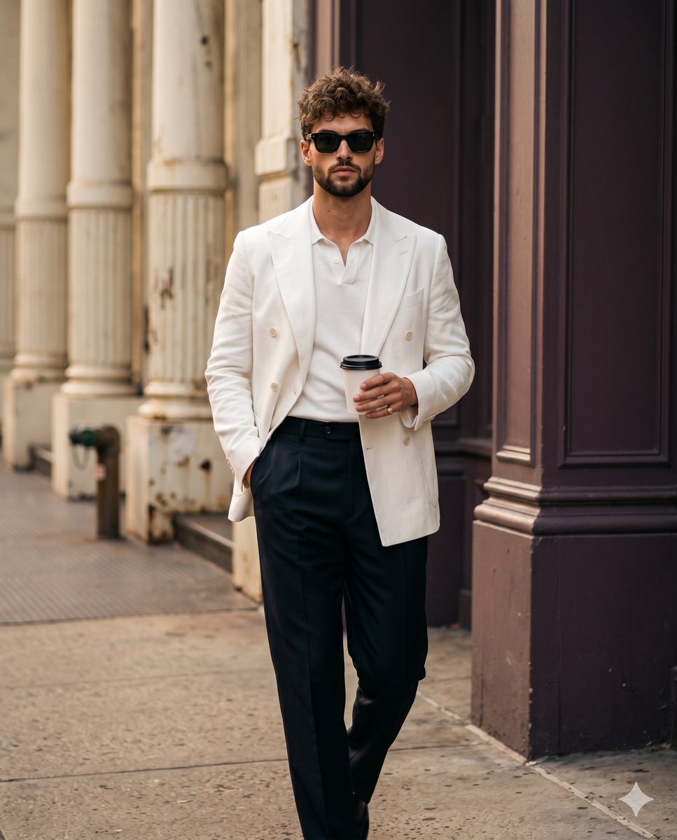 A {argument name="subject" default="stylishly dressed man"} is captured mid-stride walking straight toward the camera i…