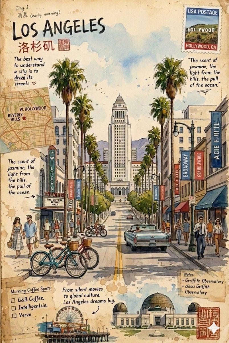 Vintage travel journal watercolor illustrations of {argument name="locations" default="two cities"} on aged paper with …