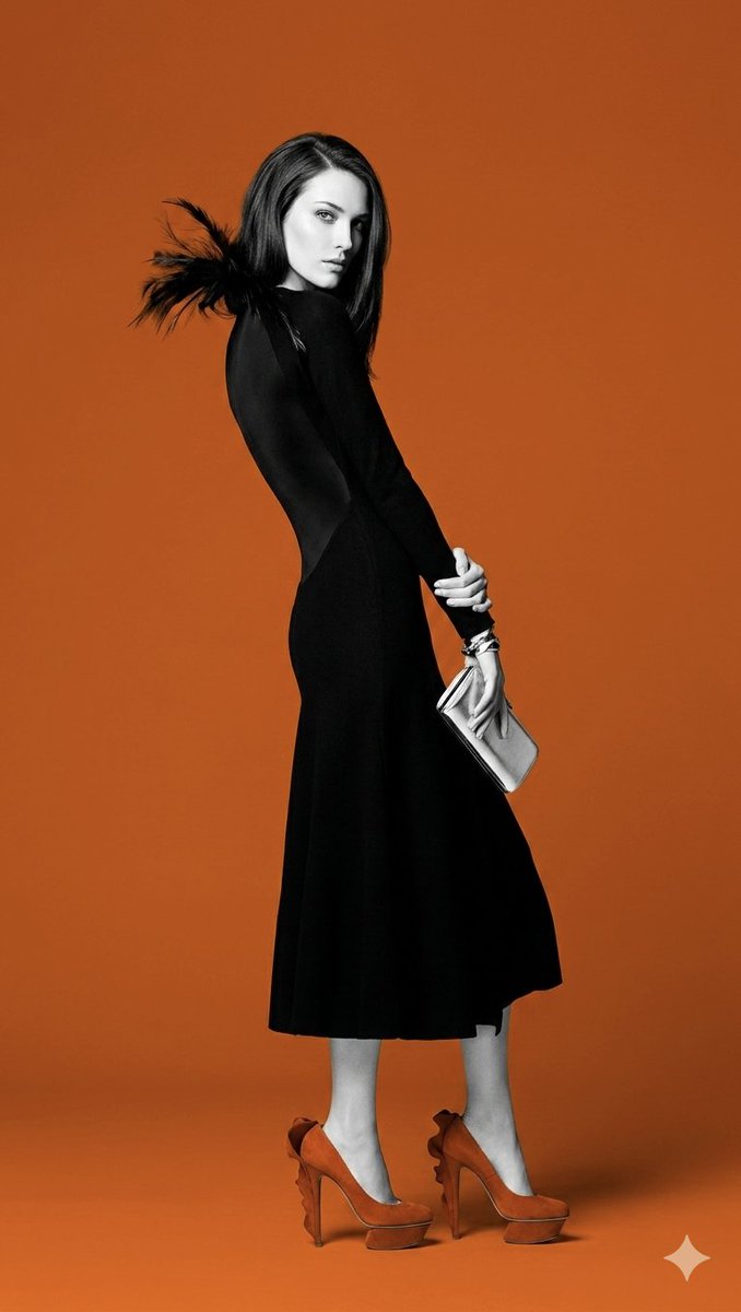 This vertical fashion portrait features a {argument name="subject" default="woman"} in a side-profile pose, her face cl…