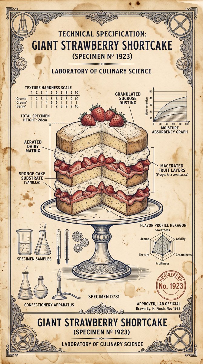 Vintage 1920s laboratory blueprint illustration of a giant {argument name="subject" default="strawberry shortcake"} sty…