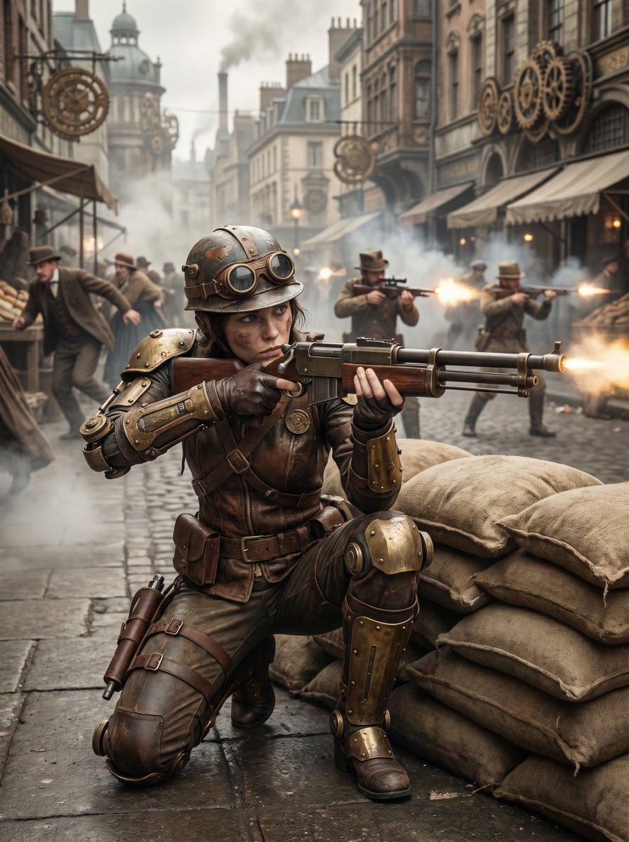 A {argument name="subject" default="woman commando"} in a {argument name="setting" default="steampunk setting"}.
