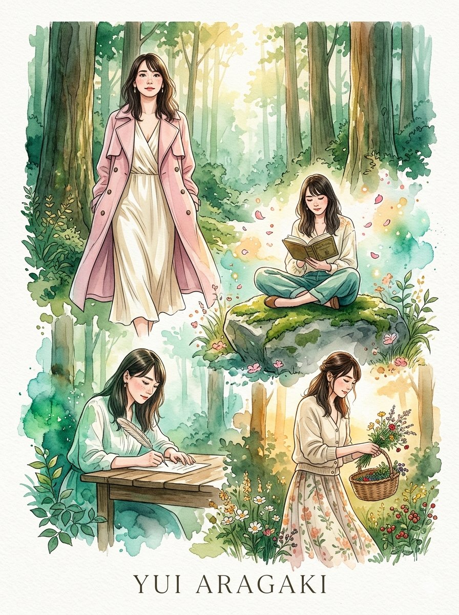 A whimsical high-fashion watercolor portrait collection inspired by the elegance of {argument name="muse" default="Yui …