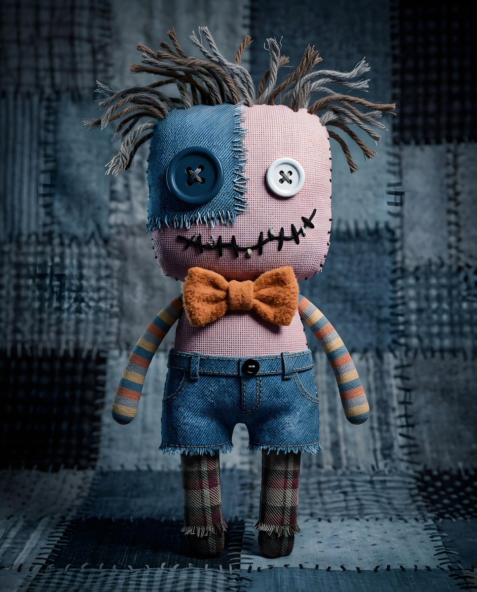A handmade fabric doll with a whimsical, slightly spooky appearance stands against a patchwork quilt background. The do…