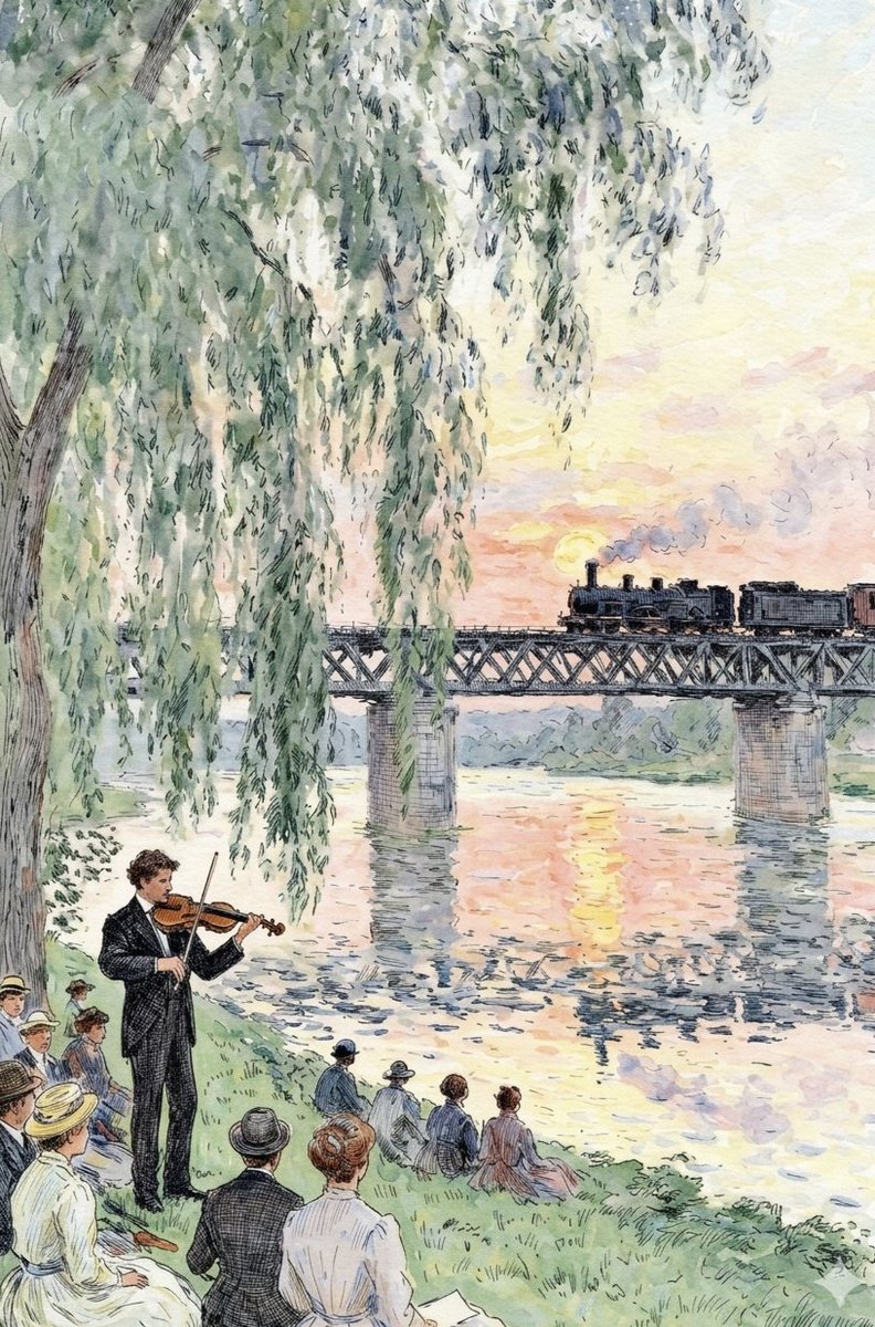 An {argument name="style" default="impressionistic watercolor illustration"} captures a serene {argument name="setting"…