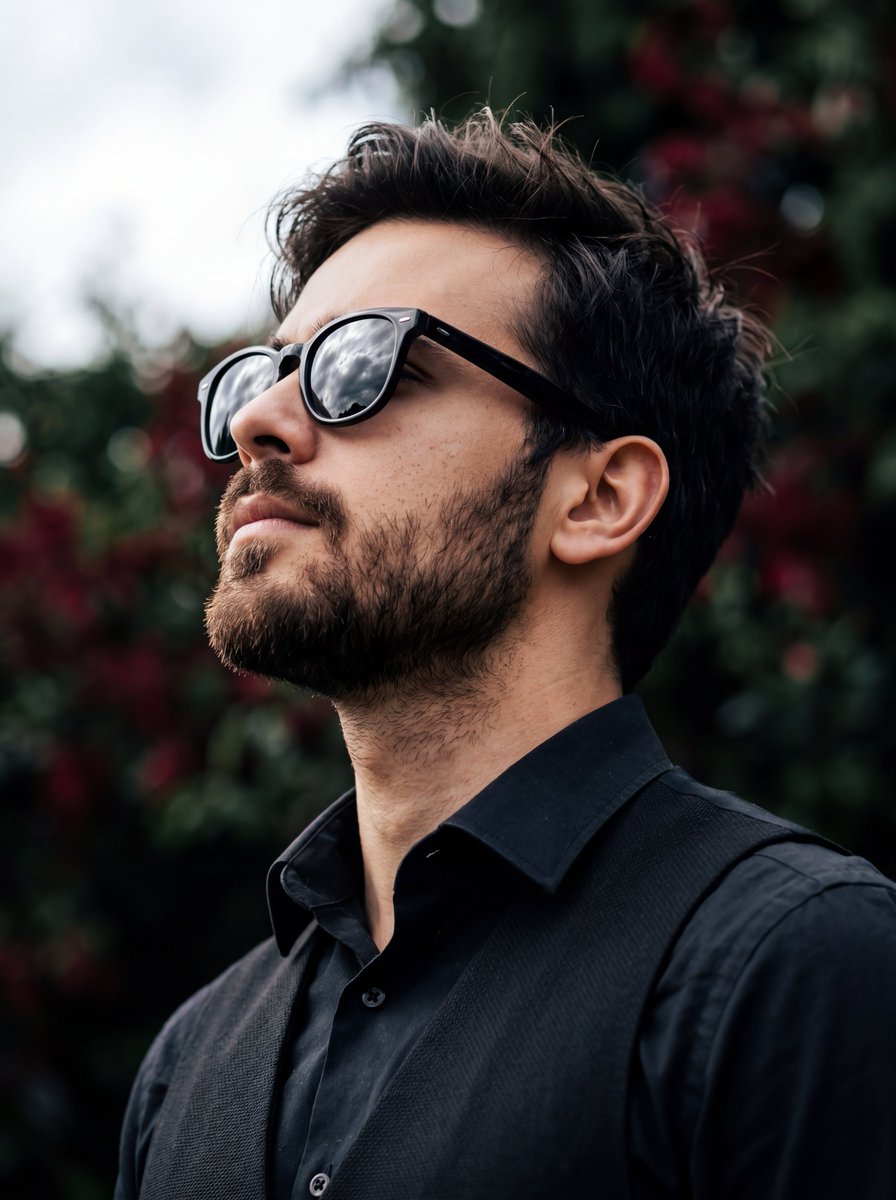 A sharp, low-angle side profile portrait of a {argument name="subject" default="handsome man"} with a thick, well-defin…