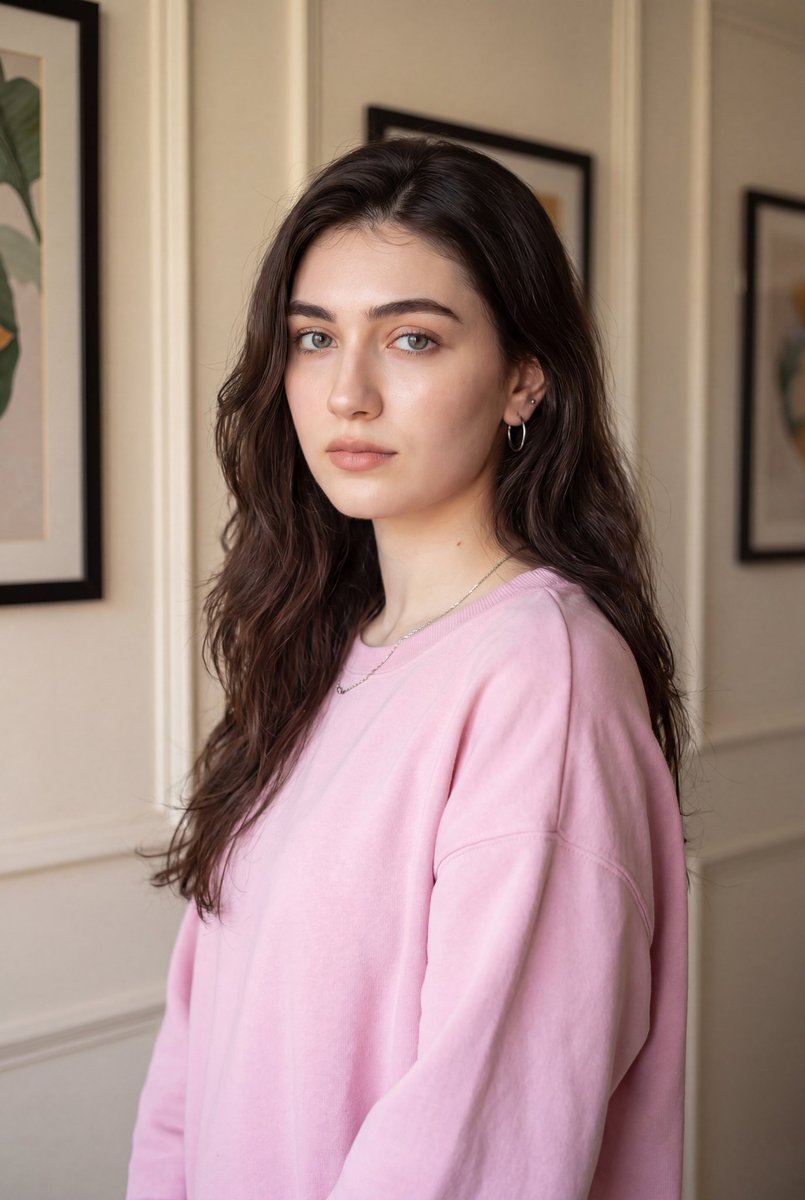 Photorealistic portrait of a {argument name="subject" default="young woman"} indoors, soft natural window lighting, lon…