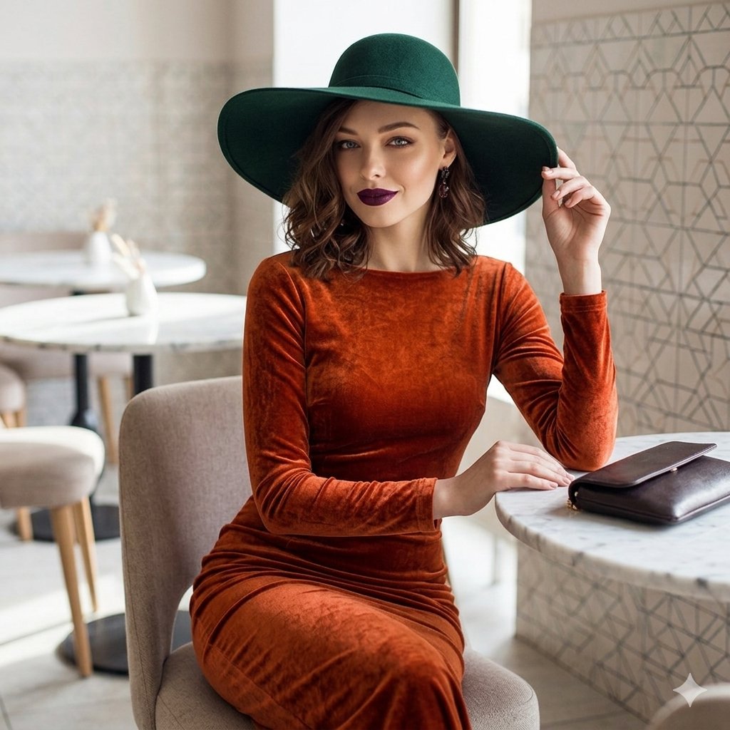 A split-panel and single-shot fashion editorial showcasing a beautiful woman with wavy, shoulder-length brown hair and …