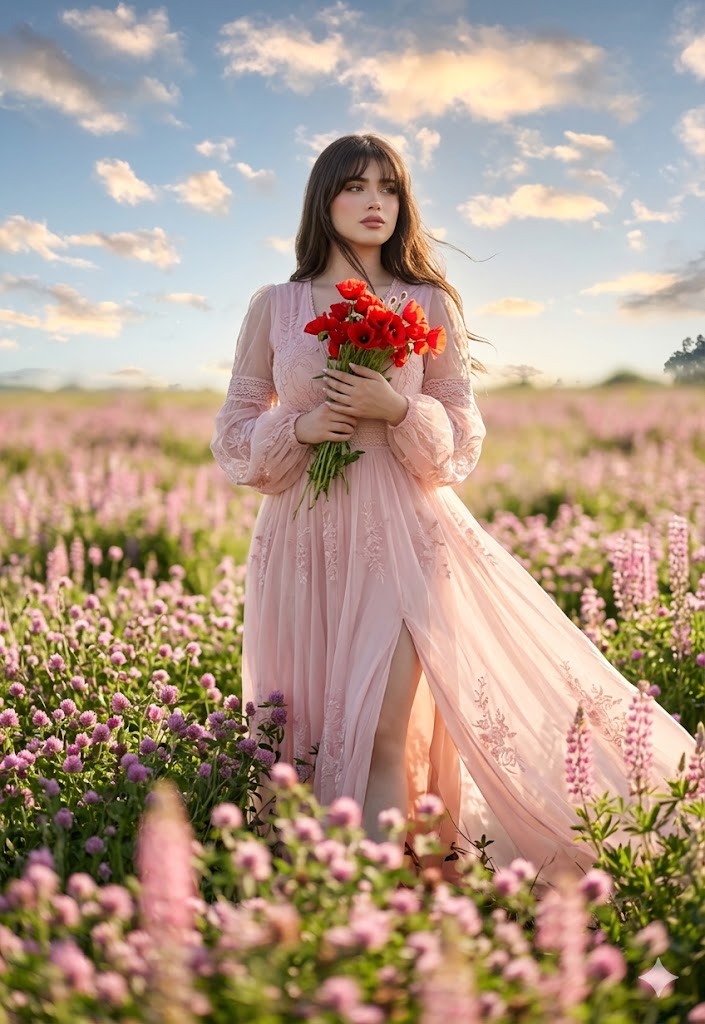 Ultra-realistic full-body fashion portrait of her with long dark brown hair and soft wispy bangs, walking through a vas…