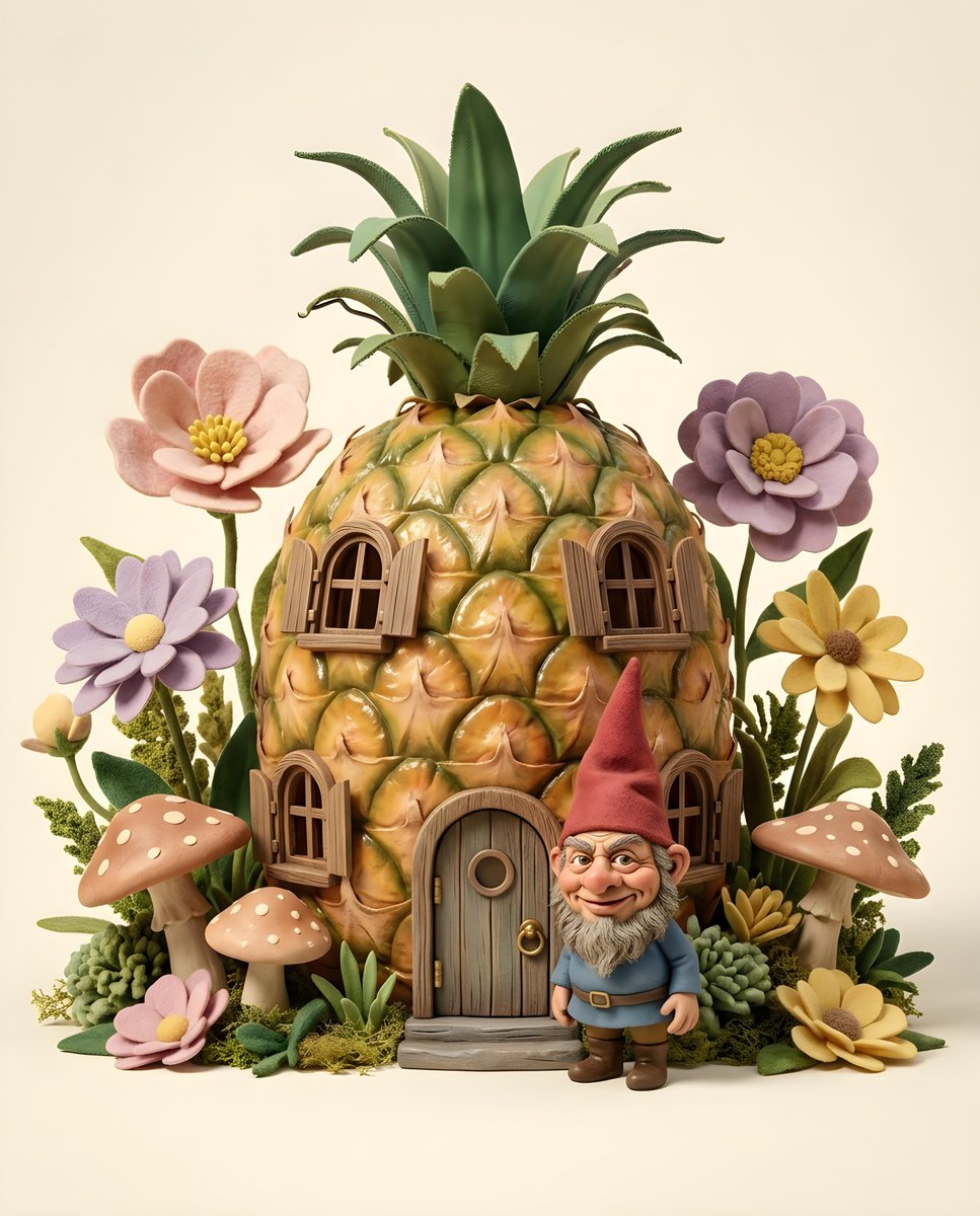 a whimsical {argument name="subject" default="pineapple house"} with carved windows and a tiny wooden door, a tiny {arg…
