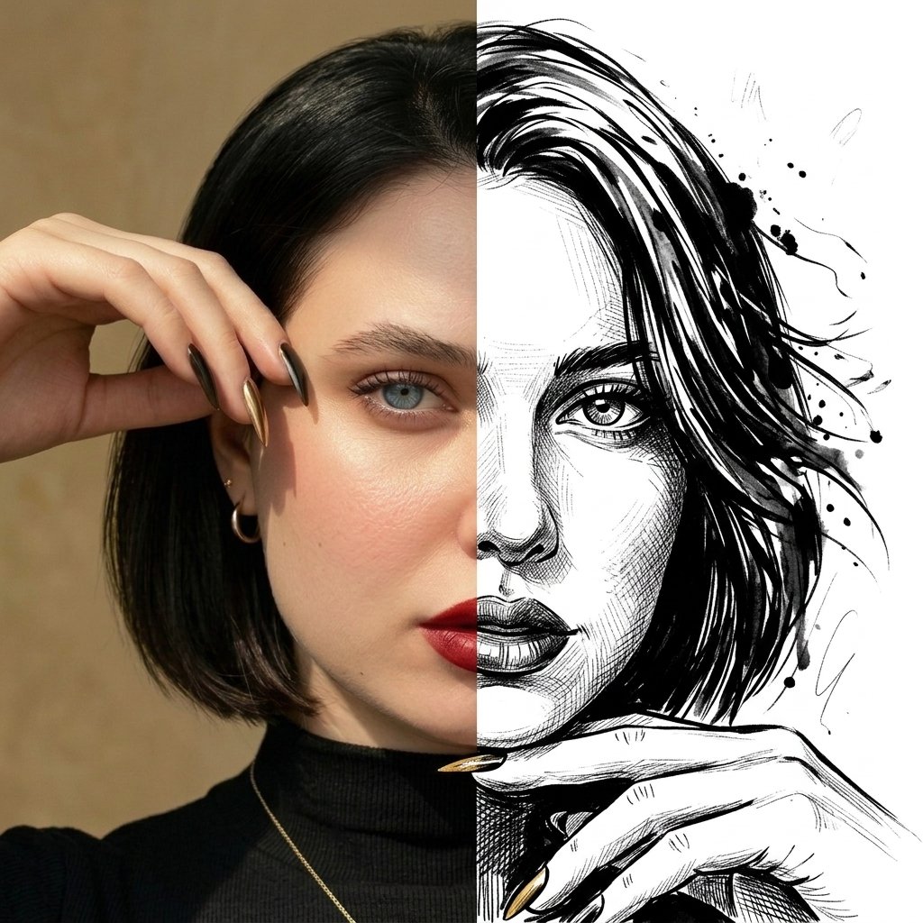 A split-face dual-style portrait using the uploaded photo. The left half shows a soft, ultra-realistic studio photograp…