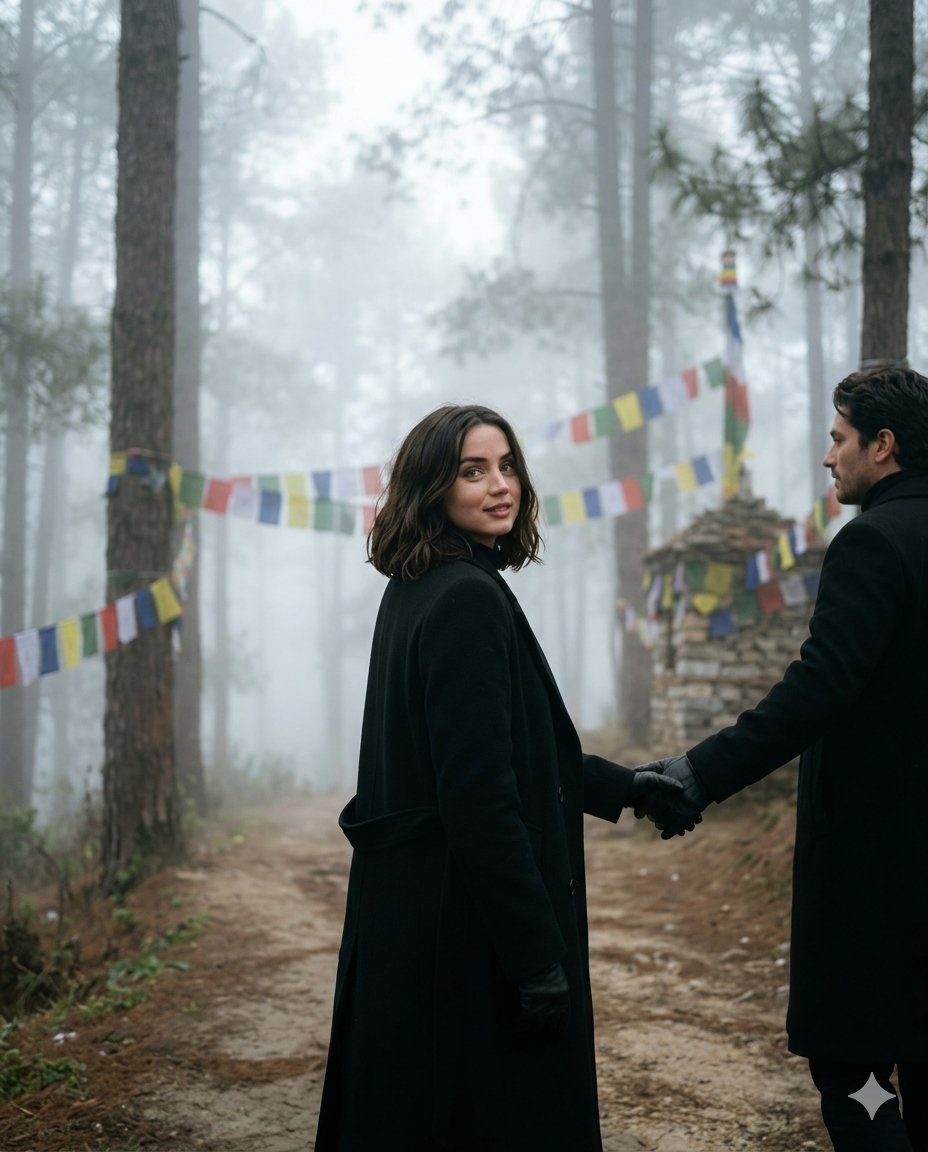 Cinematic “follow me” couple portrait in a {argument name="location" default="misty Himalayan pine forest"}, wife leadi…