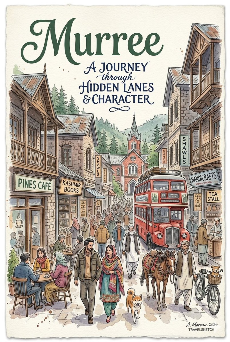 An AI-generated watercolor travel poster in a detailed sketch style by "A. Moreau 2024, TRAVELSKETCH." The artwork feat…
