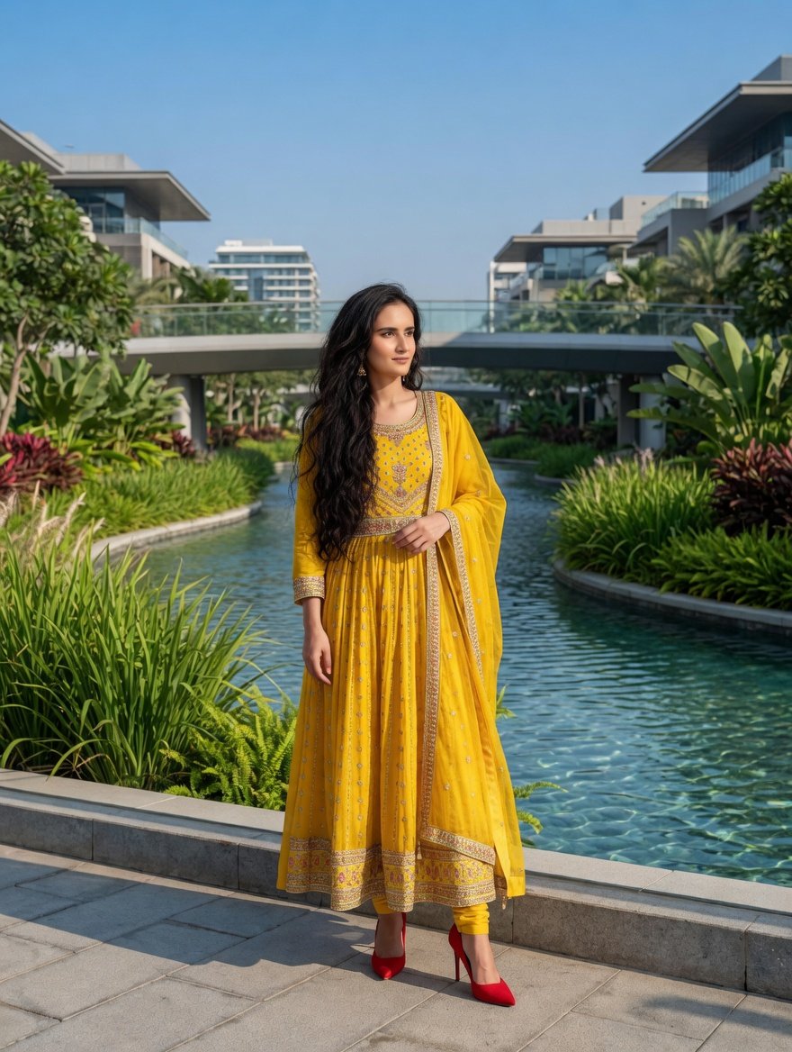 A high-definition portrait of a beautiful South Asian woman with long, wavy dark hair, Vibrant {argument name="dress co…