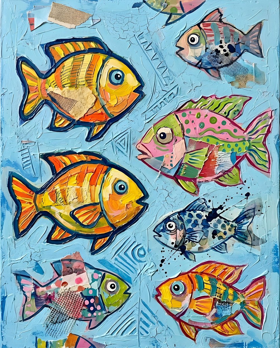 {argument name="style" default="A vibrant, flat illustration of various colorful fish swimming against a light blue bac…
