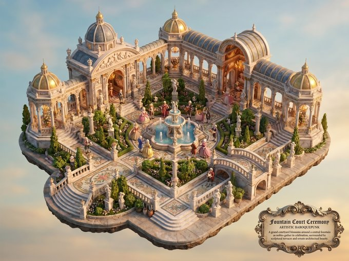 Whimsical {argument name="subject" default="miniature world depiction of a royal garden courtyard with fountain ceremon…
