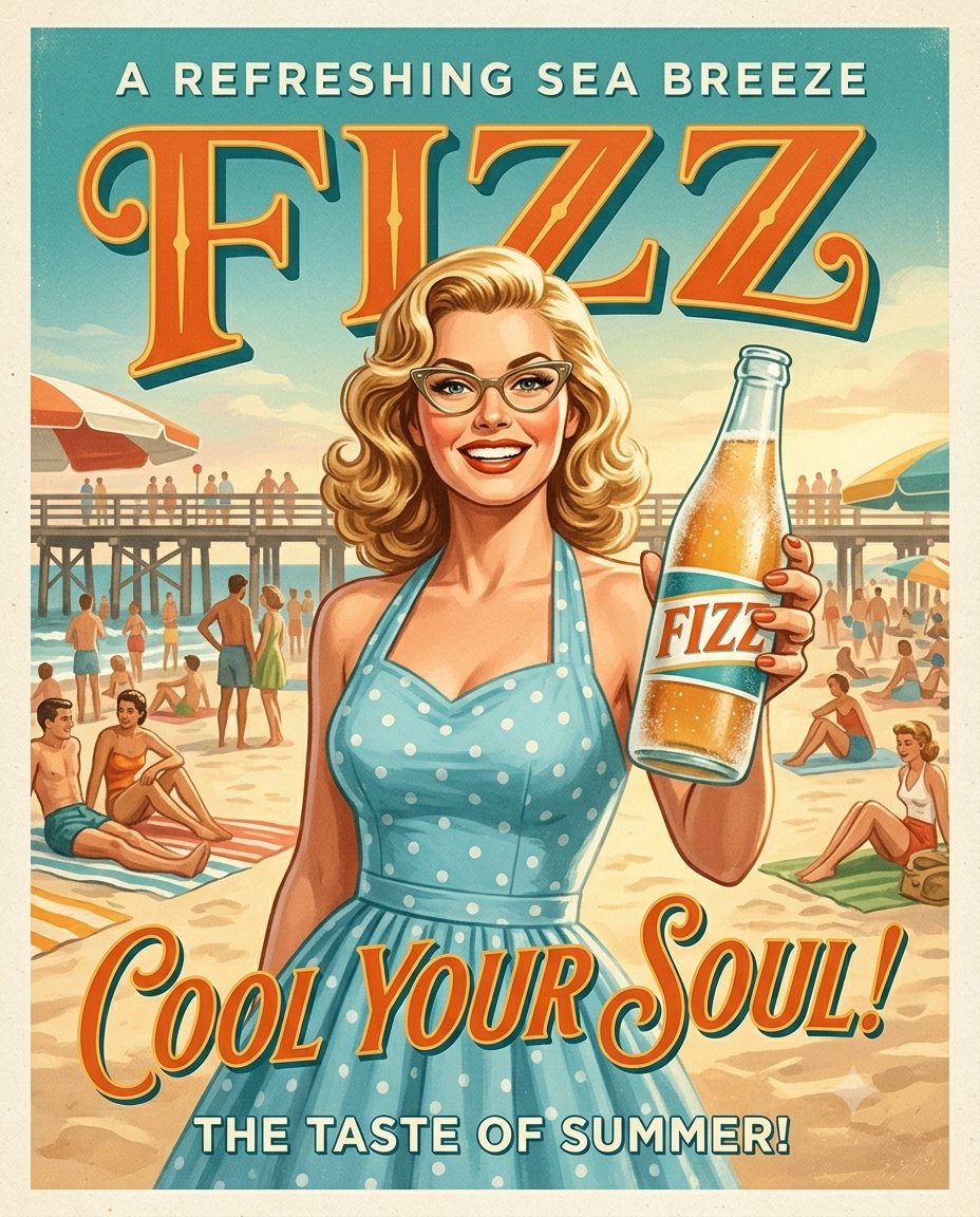 A pair of vintage-style mid-century advertisement posters featuring a smiling woman with glasses as the central focus, …