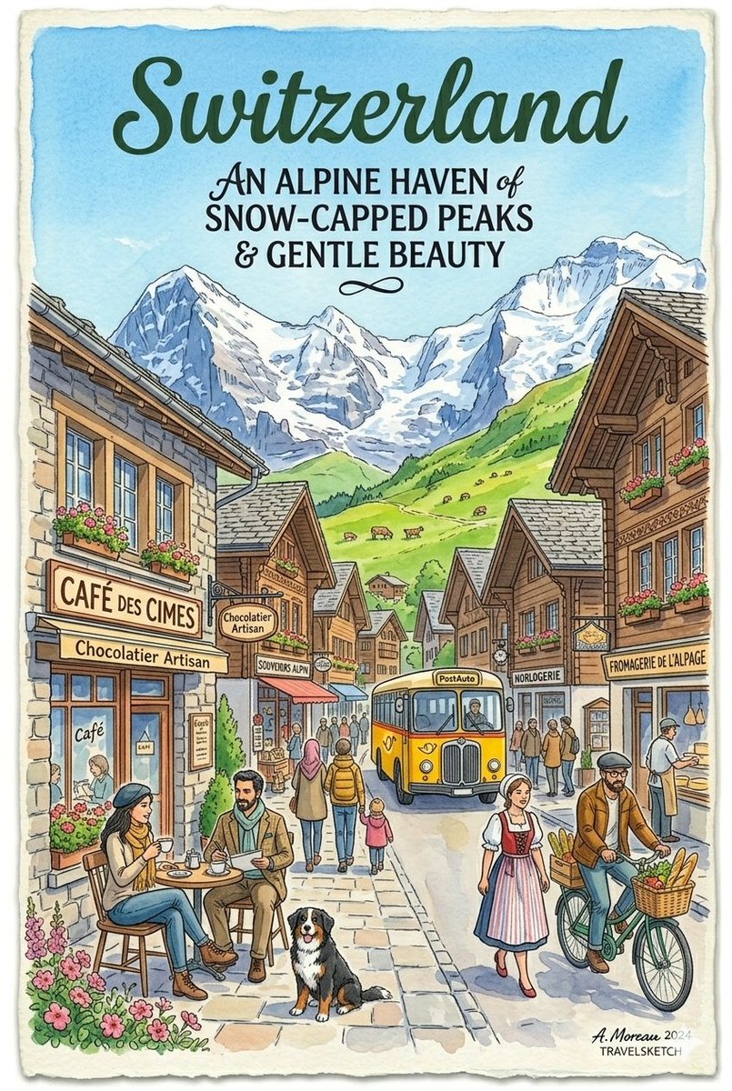 A pair of vintage-style travel poster illustrations by A. Moreau, featuring a whimsical, hand-drawn {argument name="sty…