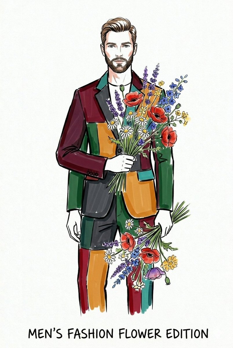 A vertical fashion illustration sketch on a crisp white paper background, featuring a stylish model in a full-length po…