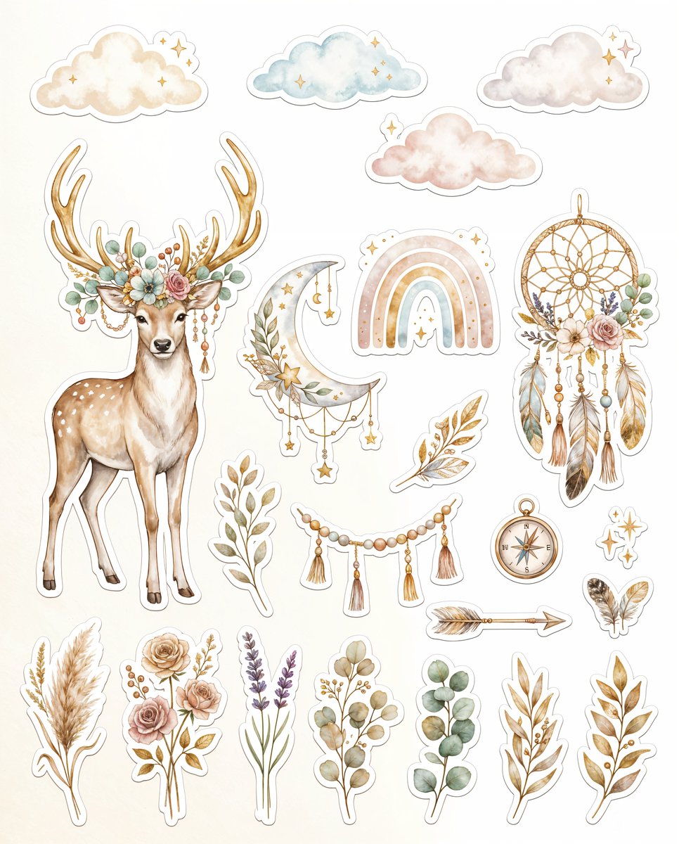 luxury boho sticker collection, {argument name="subject" default="elegant deer with golden antlers"}, {argument name="e…