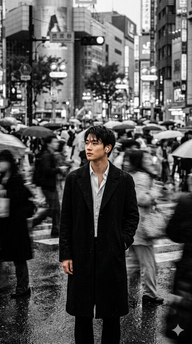 Black and white cinematic street photography, straight 9:16 composition. {argument name="subject" default="Black-haired…