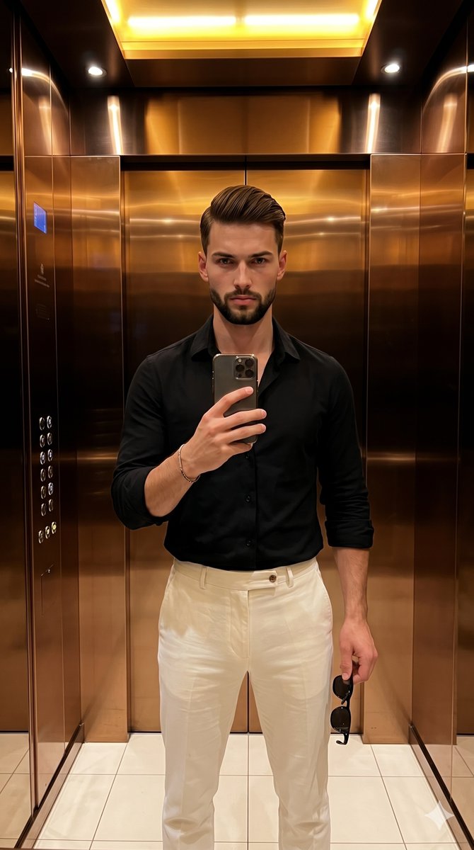 A young male stands facing the camera in a deliberately posed, serious stance, his weight shifted slightly onto his rig…