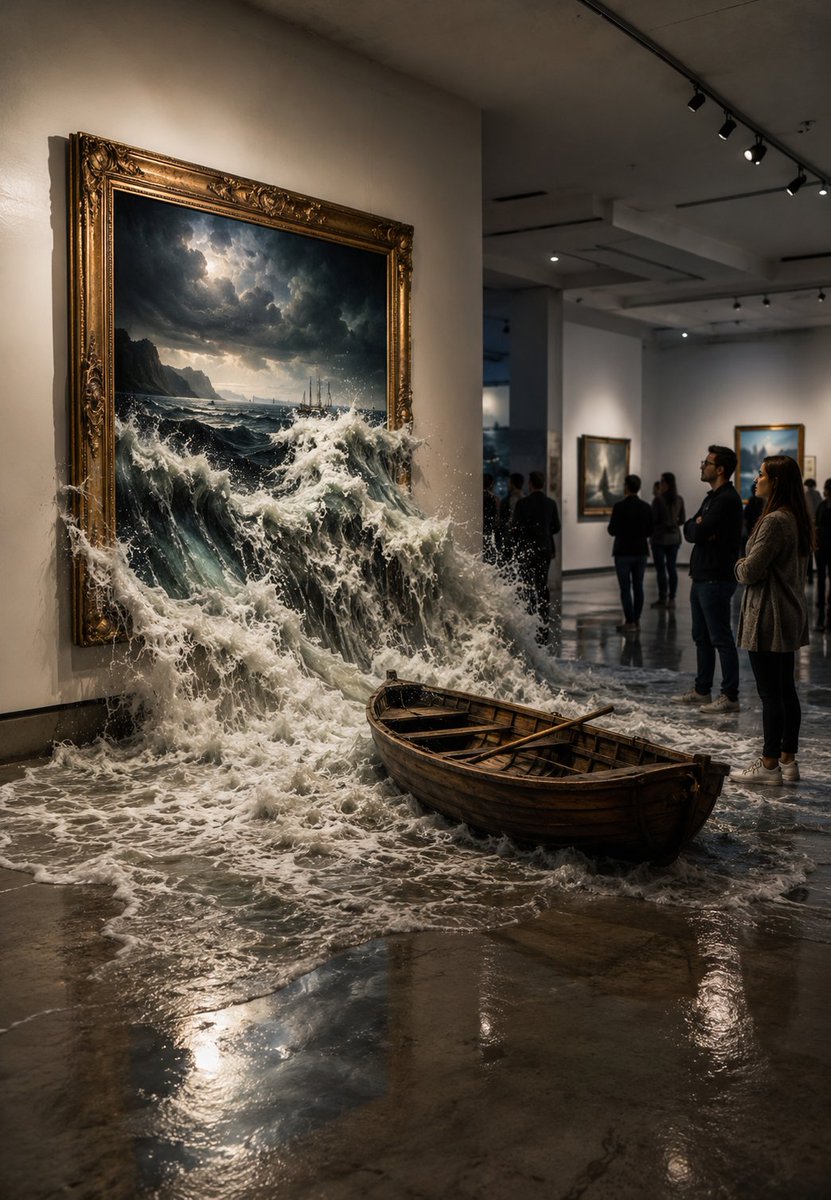 A hyper-realistic art gallery with white walls and track lighting, a large ornate gold-framed painting of a {argument n…
