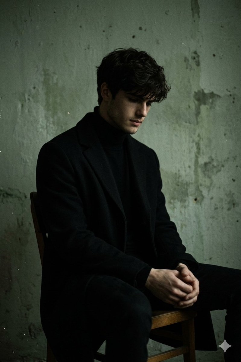 Create a dark, moody, photorealistic portrait of a {argument name="subject" default="young man"}. He is seated on a sim…