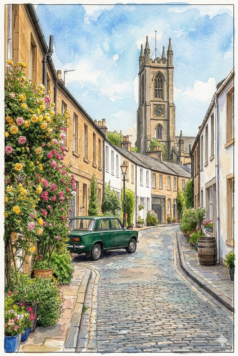 high-resolution street-level photo of {argument name="location" default="Circus Lane, Edinburgh"}, on a sunny partly cl…