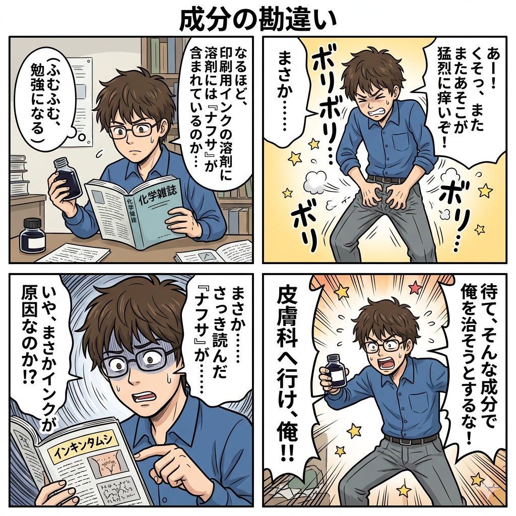 4-panel manga {argument name="title" default="Difference in Components"} Naphtha, ink, inki, inkin-tamushi