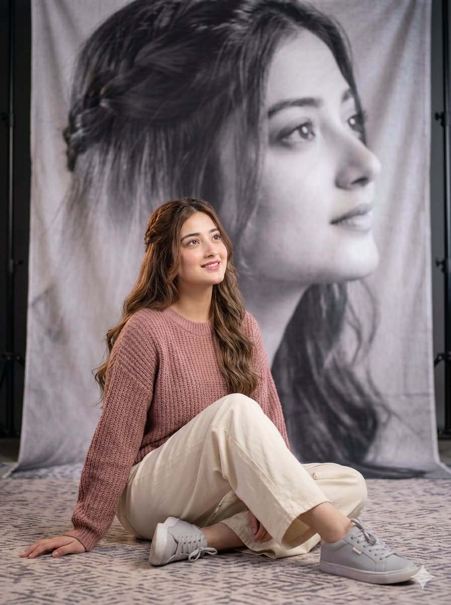 An artistic floor-seated portrait of a 20-year-old girl wearing a {argument name="sweater color" default="soft dusty ro…