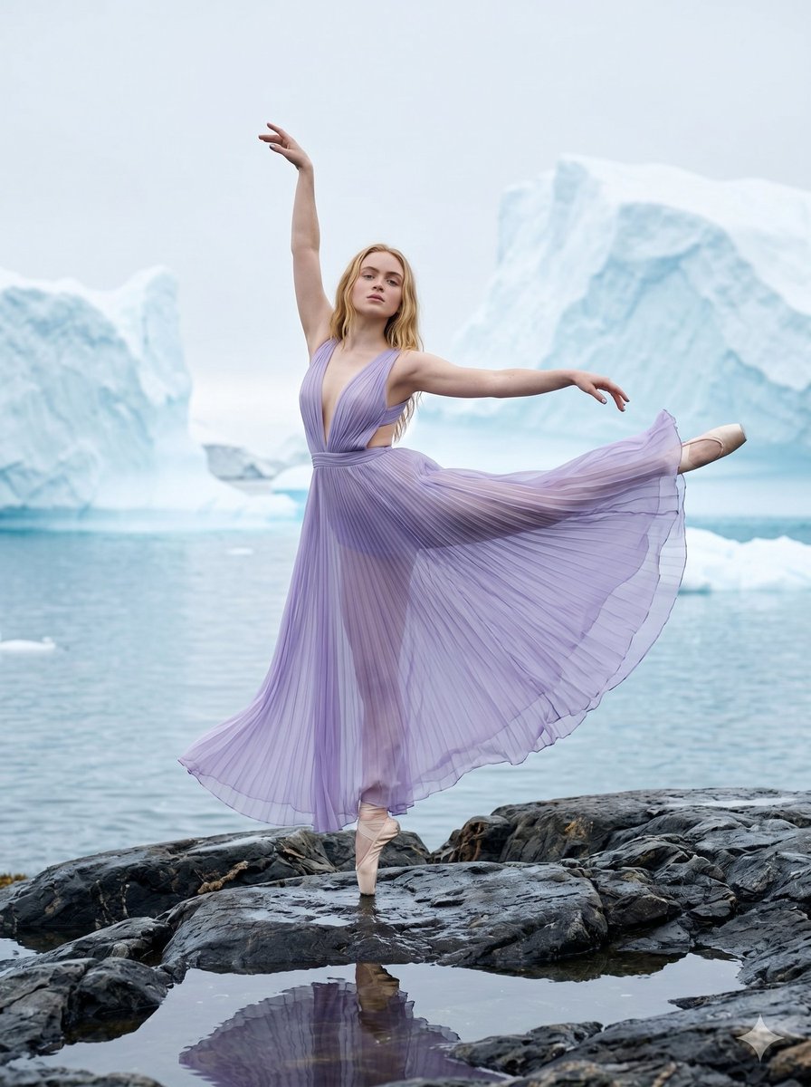 A breathtaking cinematic capture of a ballerina executing a flawless, fluid pose atop wet, dark coastal rocks. She is a…