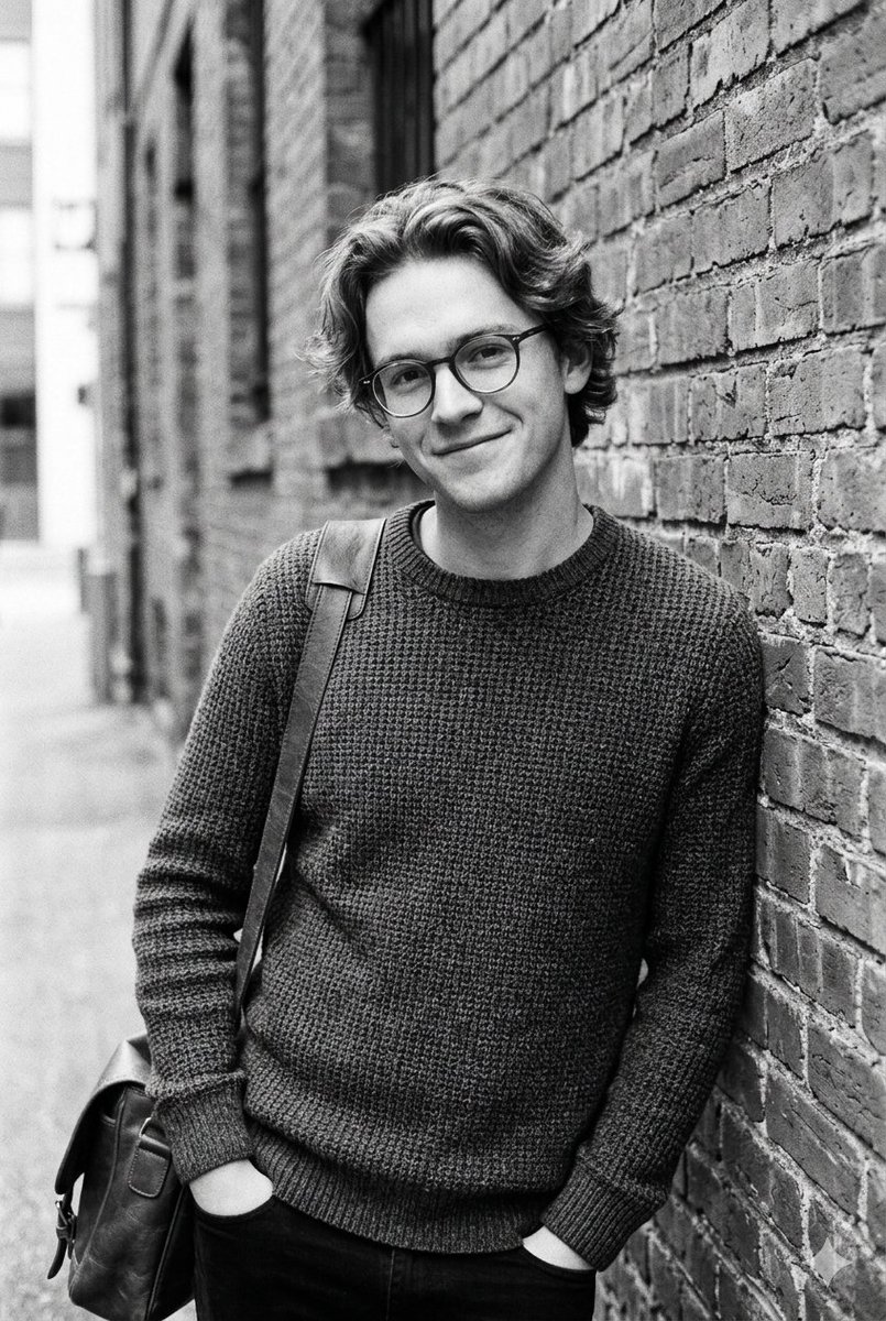 A vertical {argument name="style" default="black and white candid portrait"} of a charming young man with {argument nam…